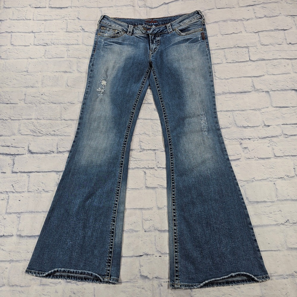 Silver Jeans Tuesday Flare Jeans Women 33 Blue Low Rise Distressed Denim VTG Y2K
